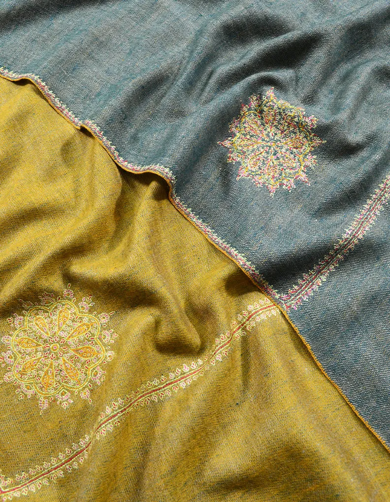Mustard and Olive Green Embroidery Pashmina Shawl 7136