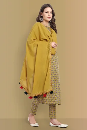 Mustard Mosaic Ajrak Boat neck Kurta, Straight Pant with Dupatta - Set of 3
