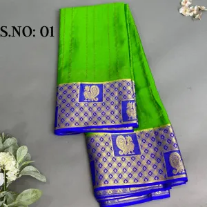 Mysore Silk Saree- Green With Contrast Blue (Attached Blouse Material)