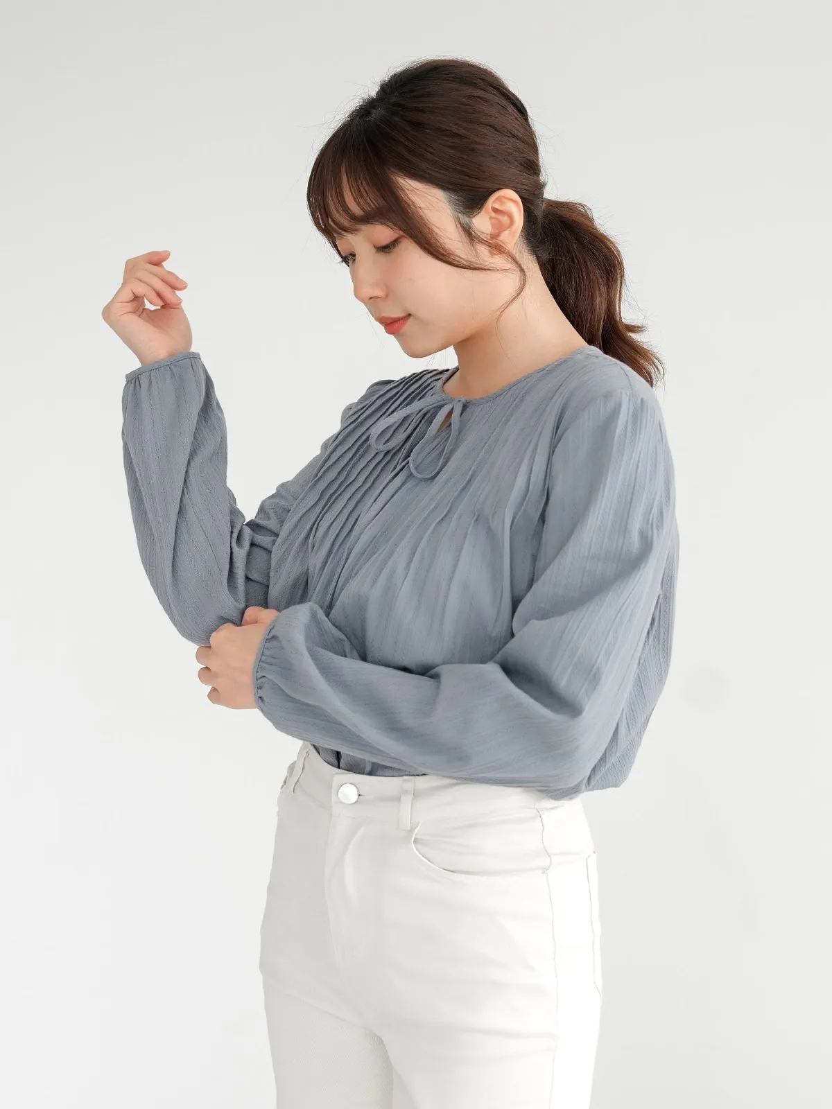 Nala Pintucked Tie Neck Blouse*