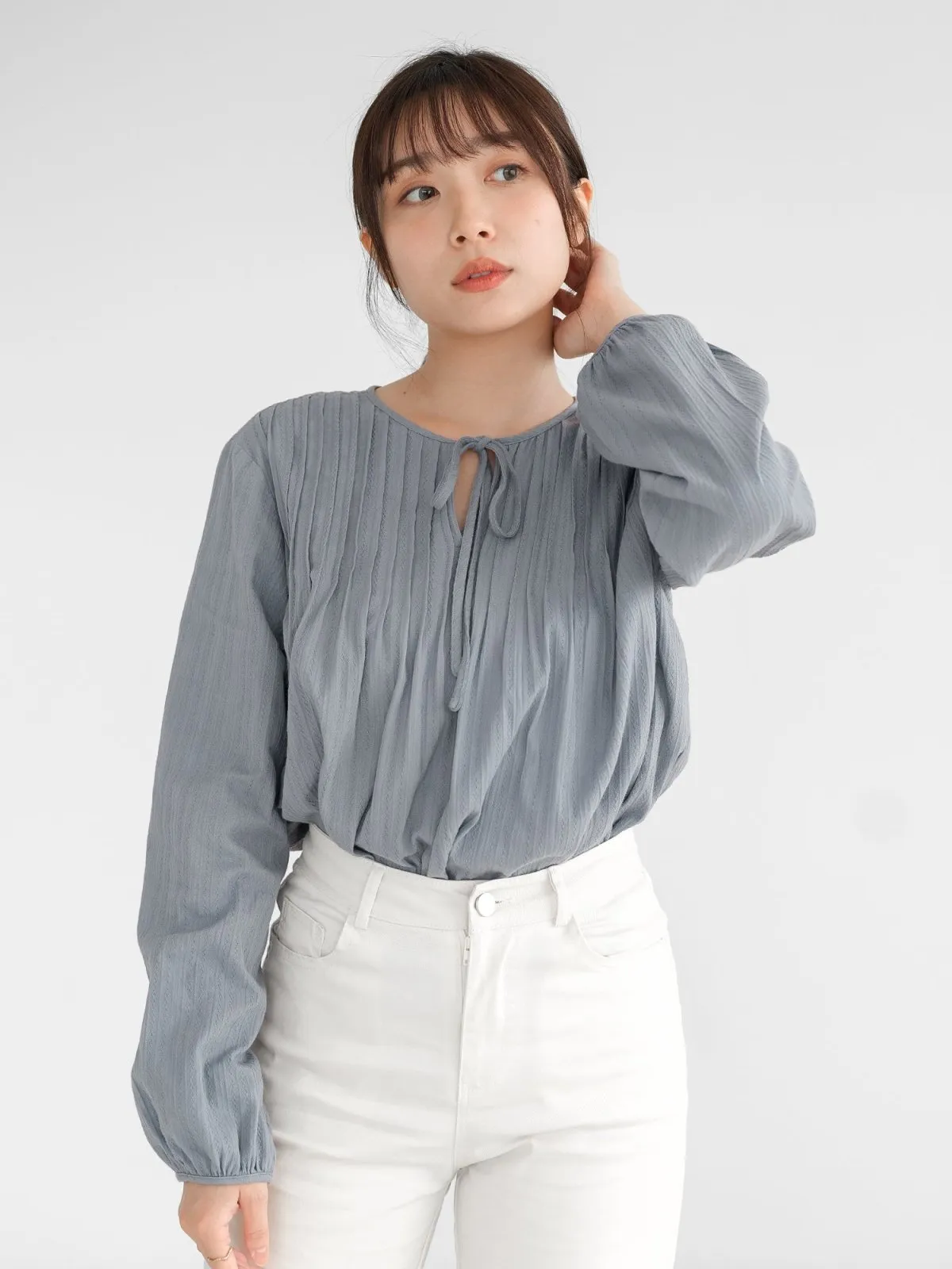 Nala Pintucked Tie Neck Blouse*