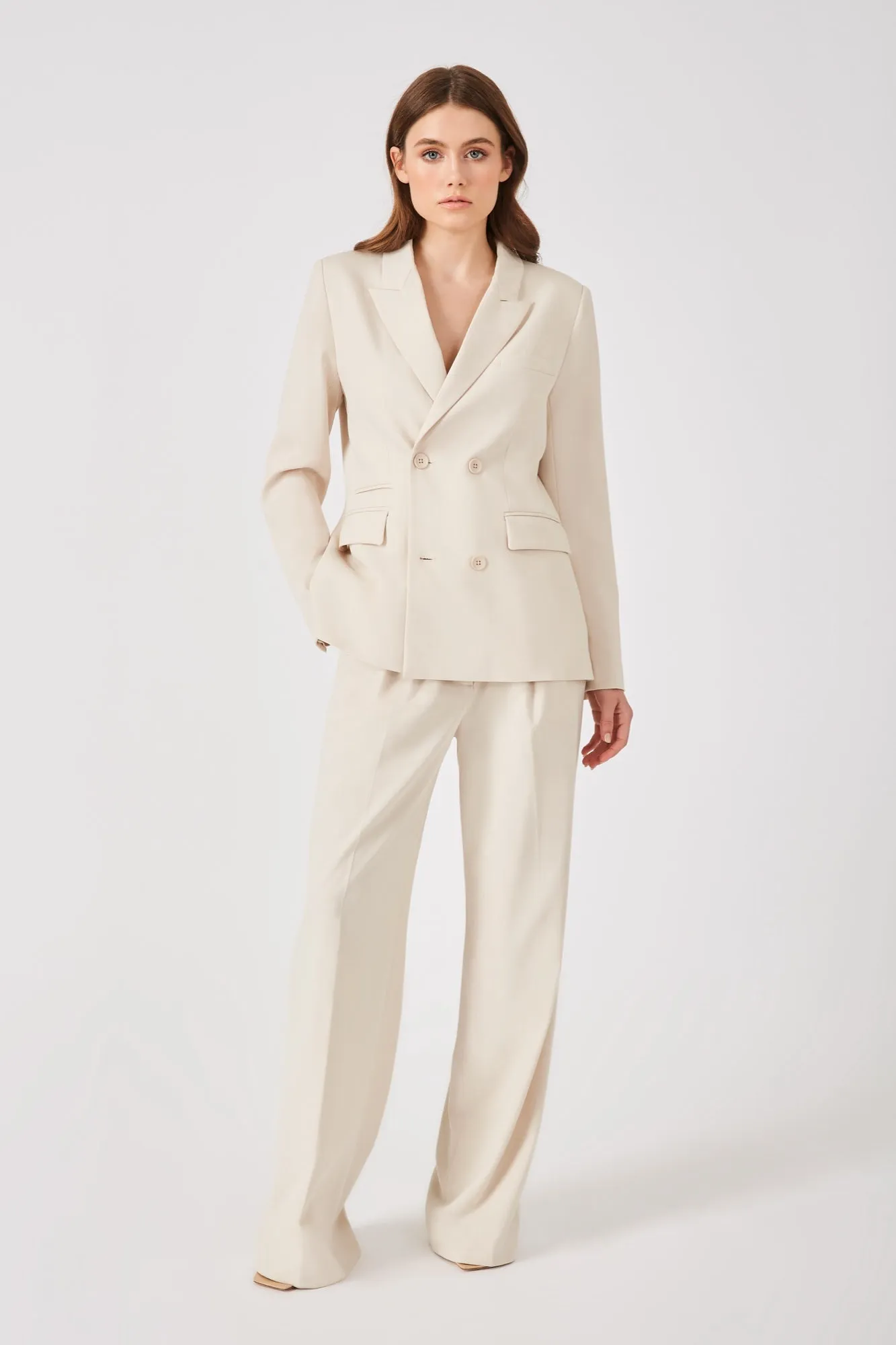 Natural Double-Breasted Viscose Blend Blazer - Grey Ven