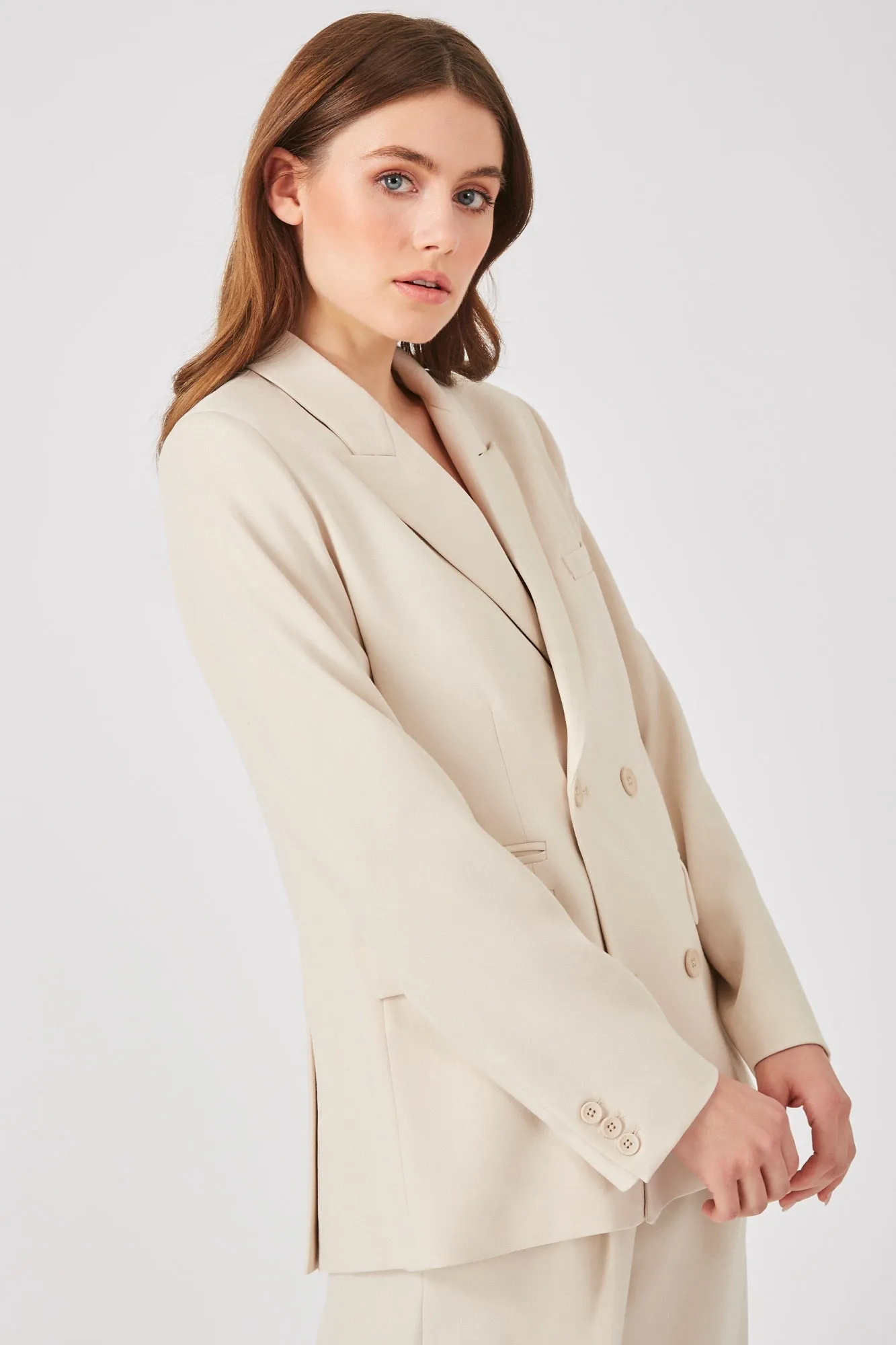 Natural Double-Breasted Viscose Blend Blazer - Grey Ven
