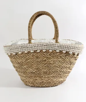 Natural Straw Basket Bag with Pearl Embellishments and Zip Closure