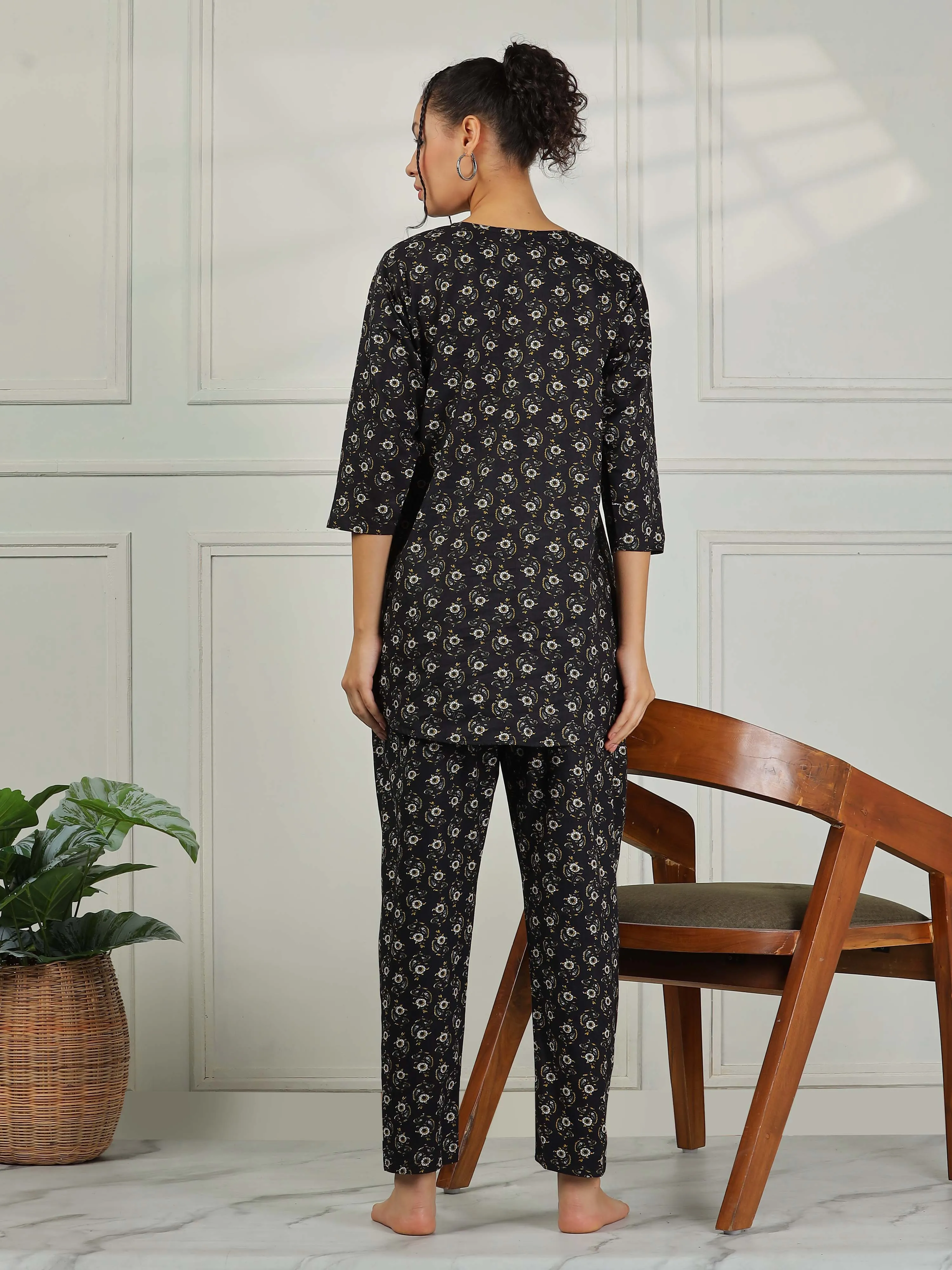 Nature Black Pure Cotton Pyjama Set for Women Comfortable Nightwear