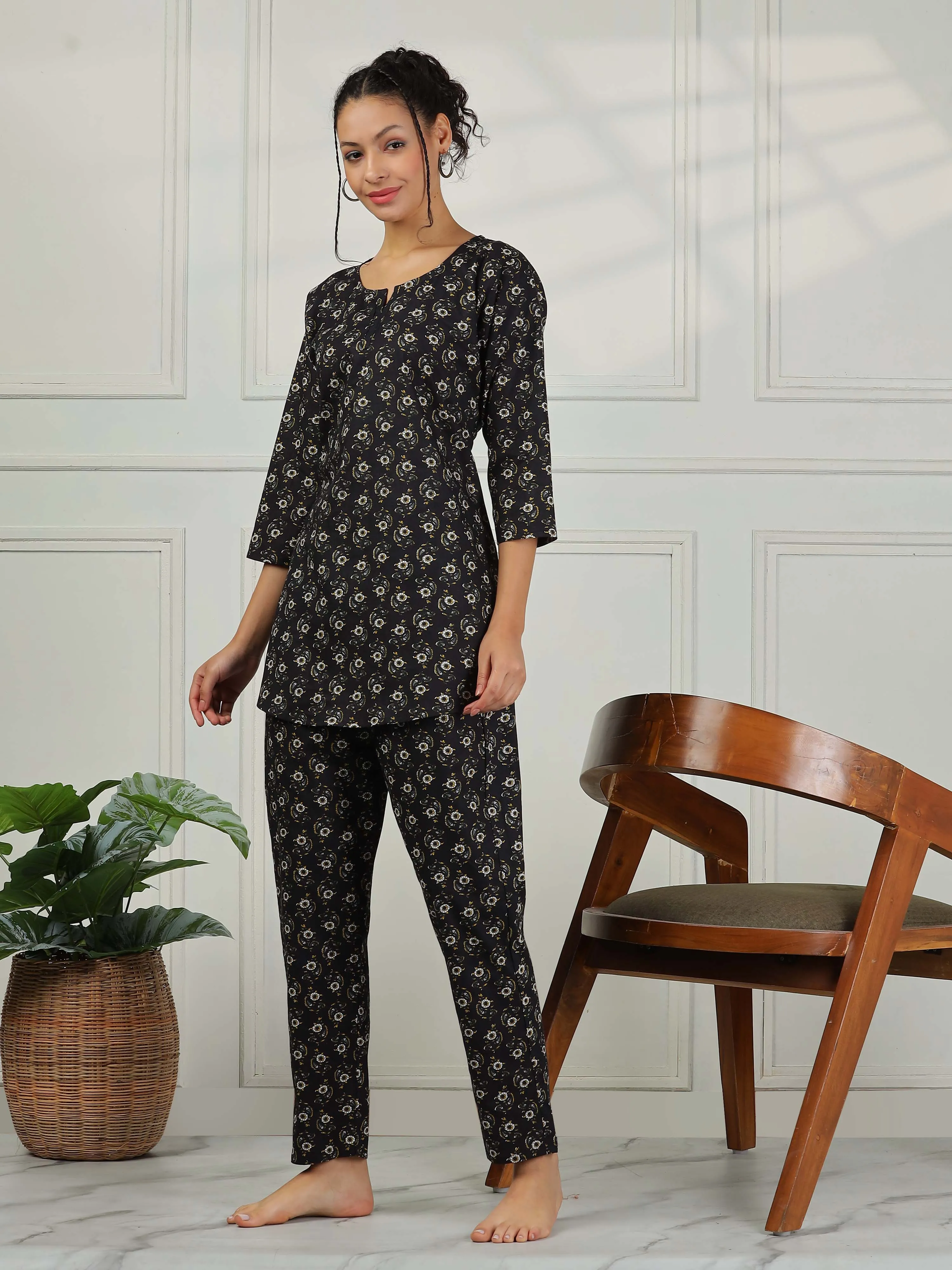 Nature Black Pure Cotton Pyjama Set for Women Comfortable Nightwear