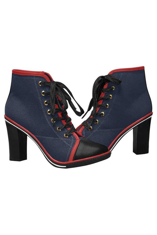 Navy Blue Lace Up Chunky Heel Ankle Booties