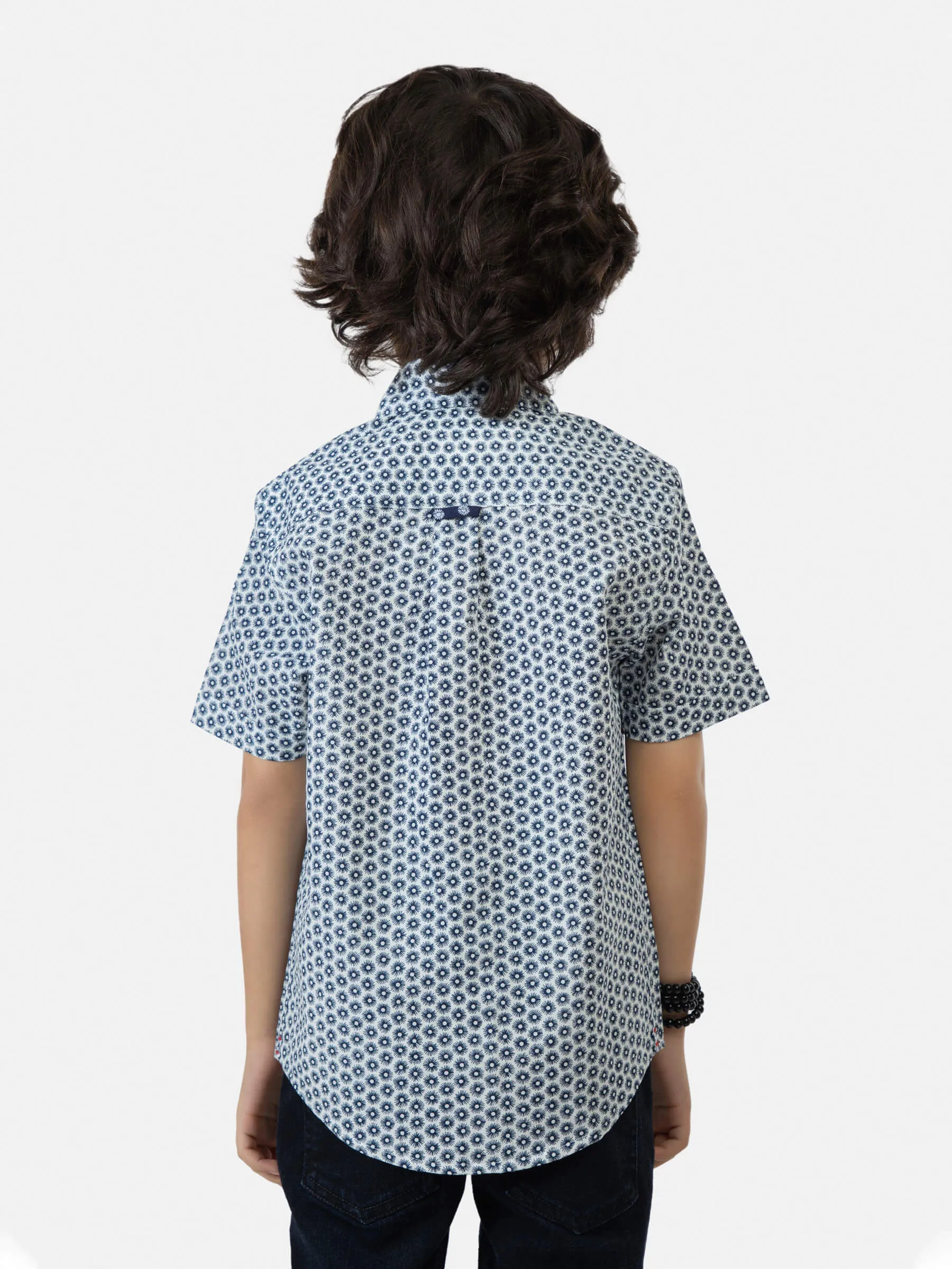 Navy Blue Printed Short Sleeve Casual Shirt