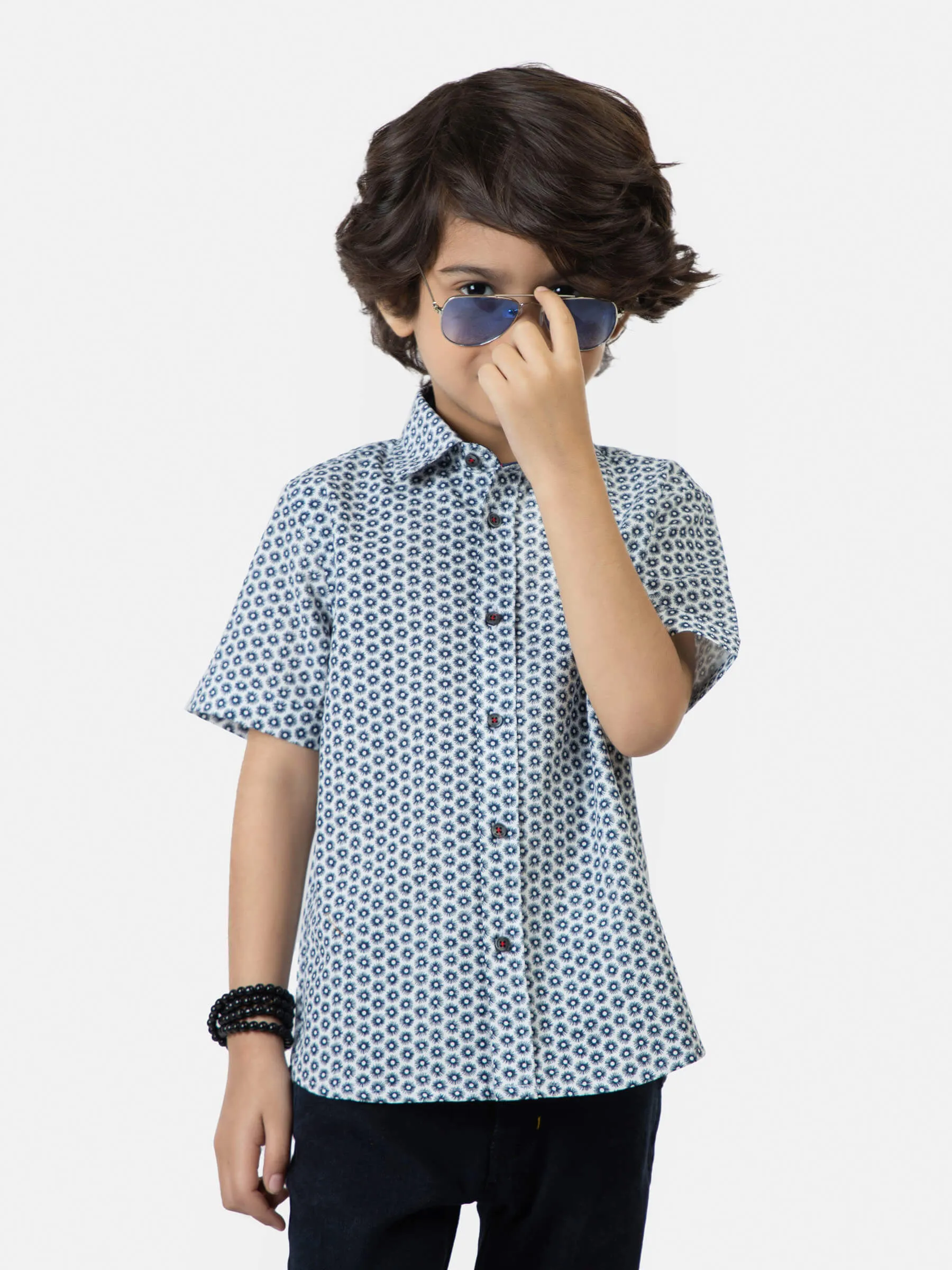Navy Blue Printed Short Sleeve Casual Shirt