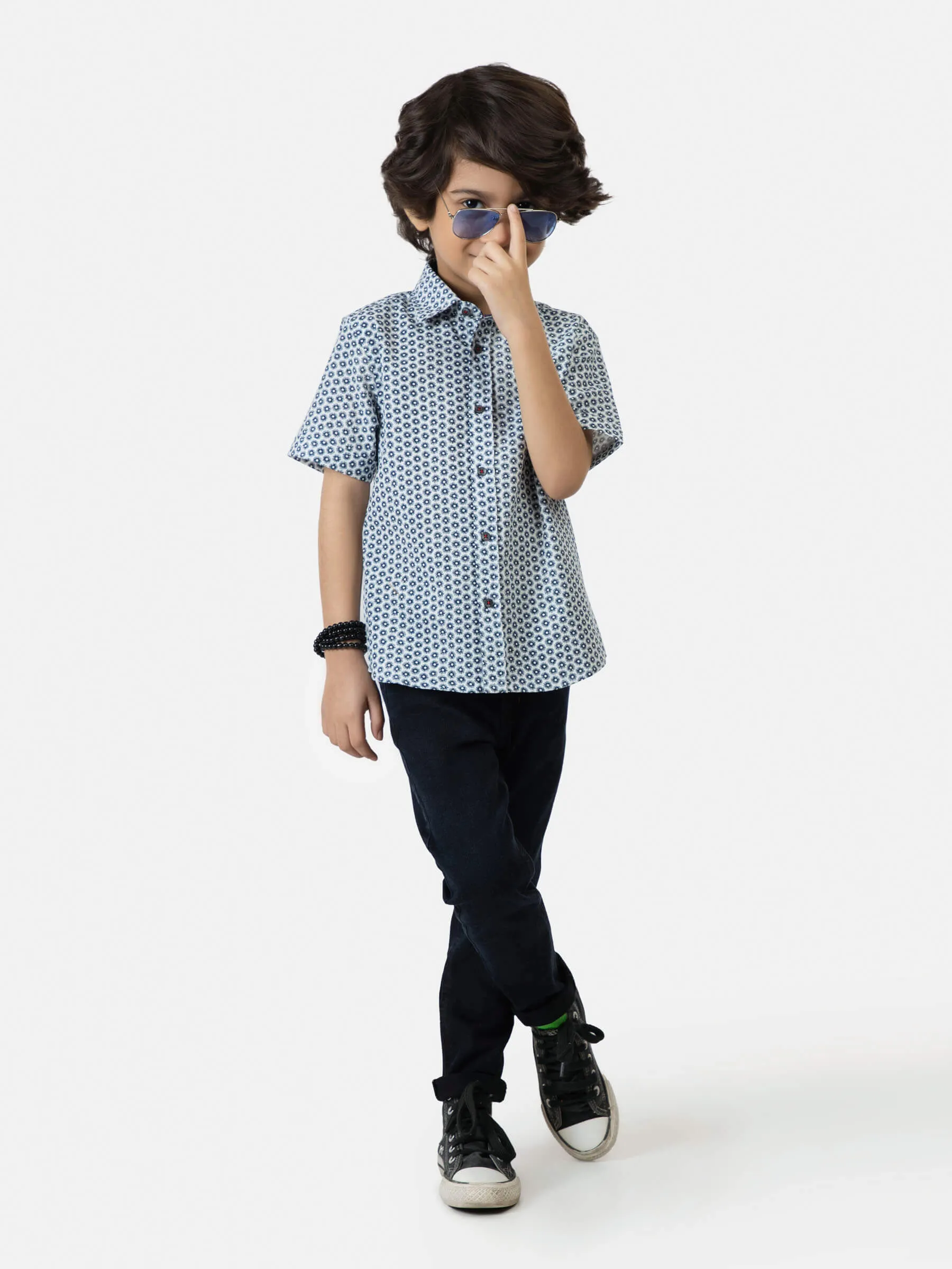 Navy Blue Printed Short Sleeve Casual Shirt