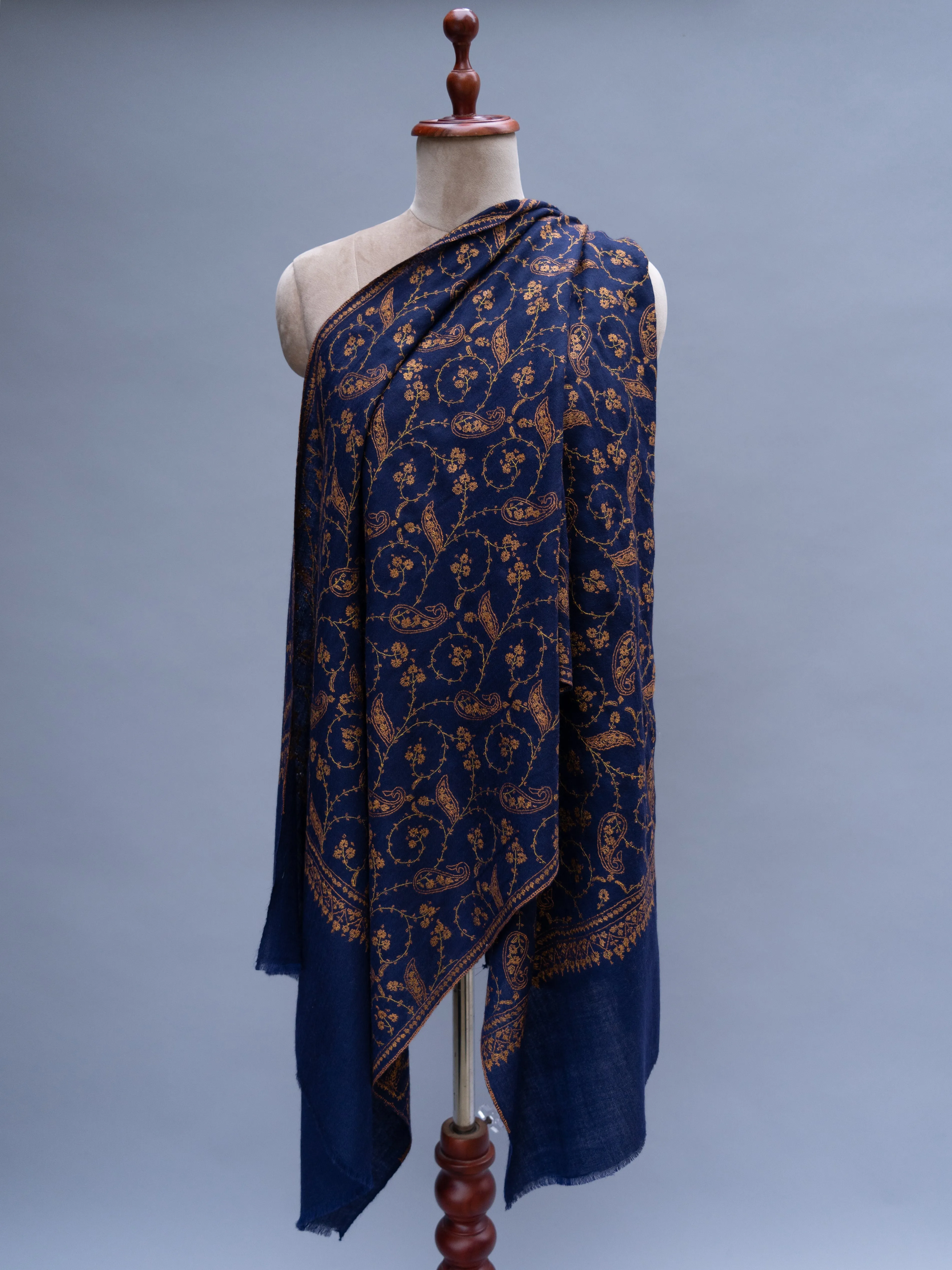 Navy Blue Sozni Embroidered Indian Cashmere Wrap