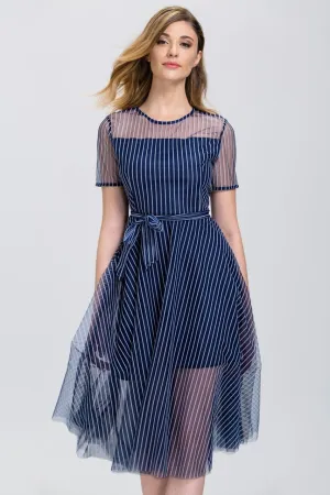 Navy Blue Stripe (Soft Tulle )Sheer Sleeve Midi Dress
