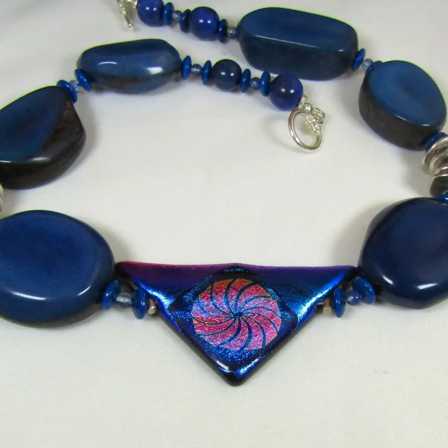 Navy Blue Tagua Nut & Handmade Bead Necklace