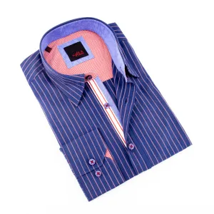 Navy Button Down Striped Shirt W/Gingham Trim
