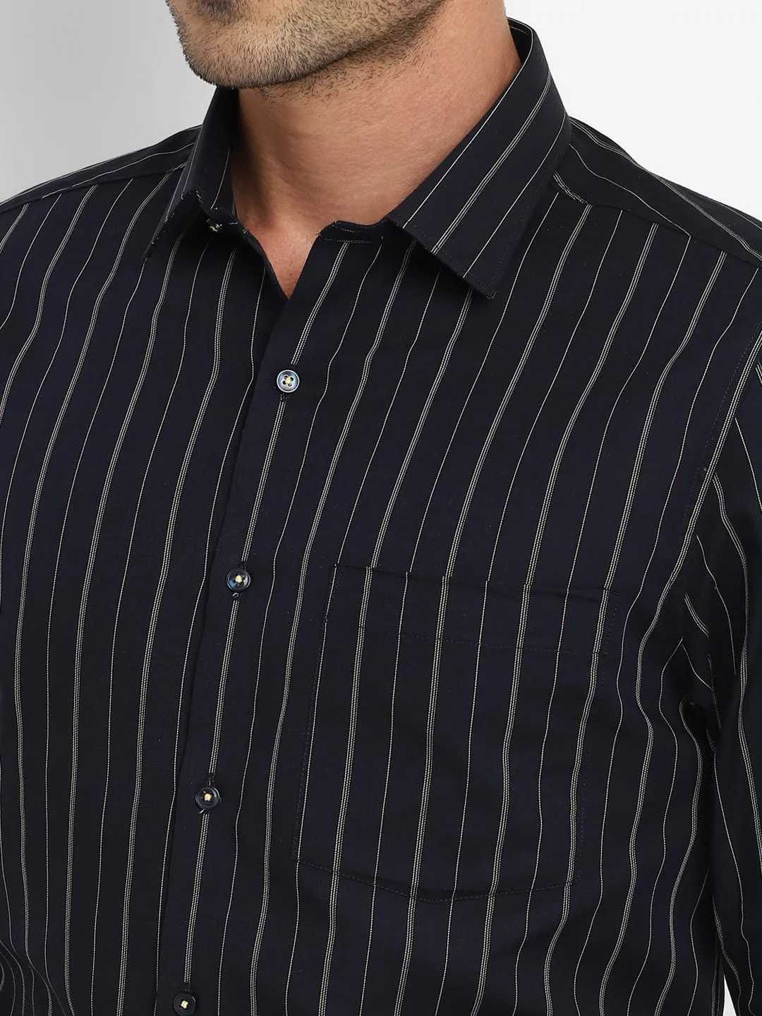 Navy Cotton Striped Slim Fit Shirt