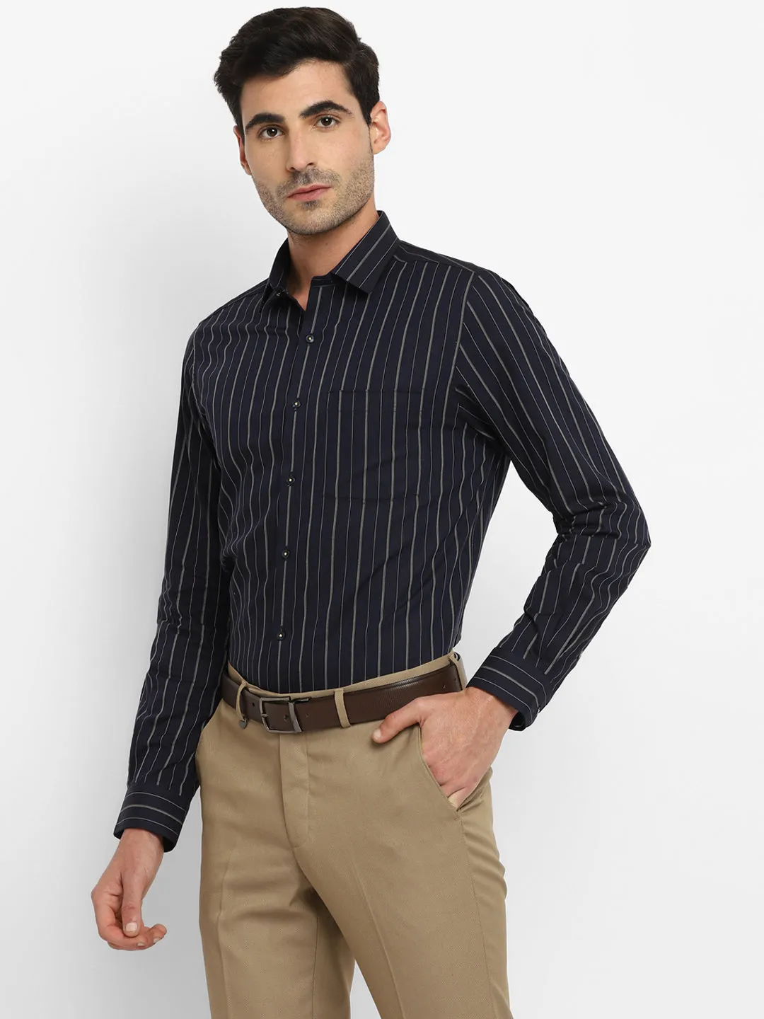 Navy Cotton Striped Slim Fit Shirt