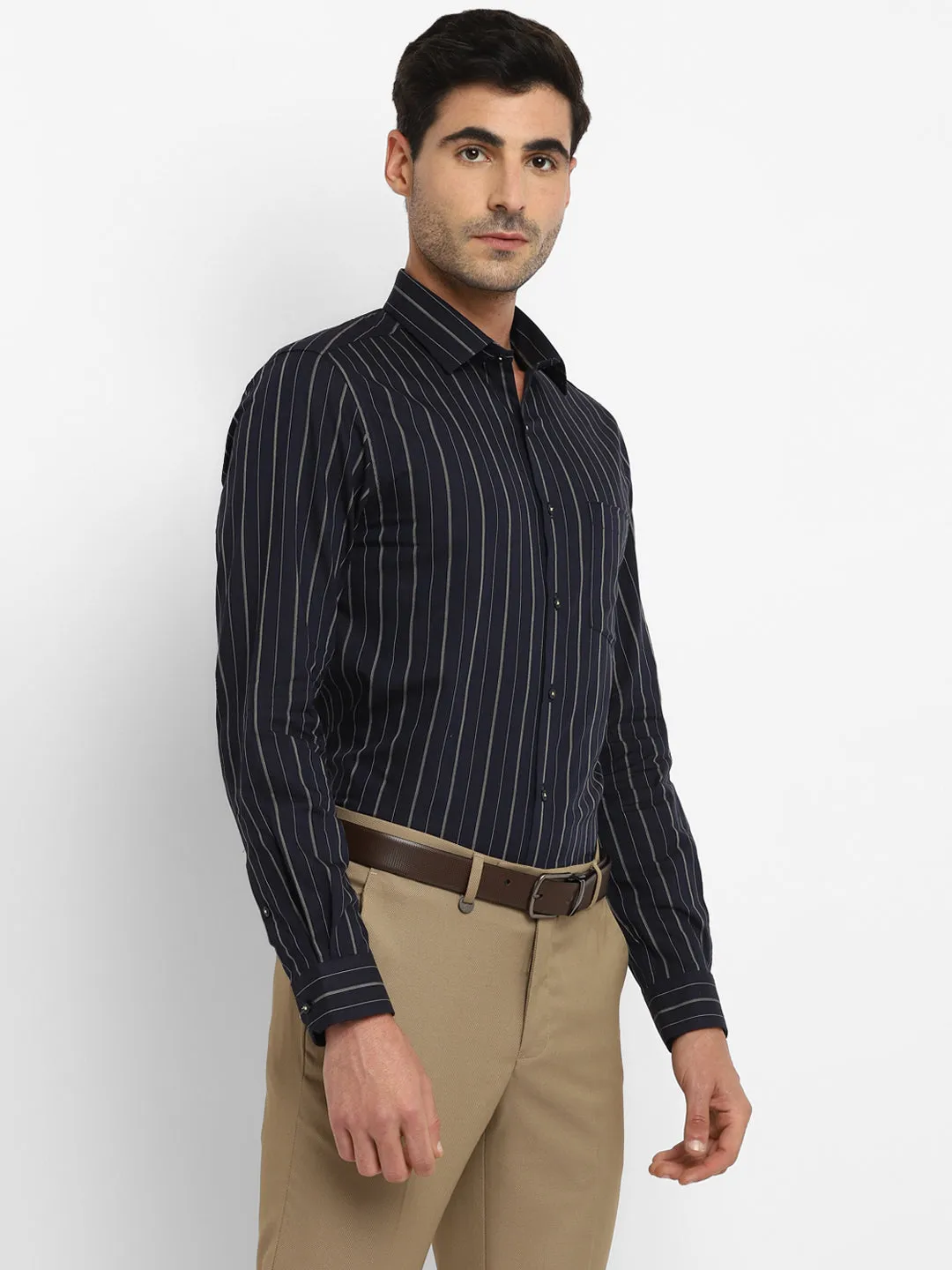 Navy Cotton Striped Slim Fit Shirt
