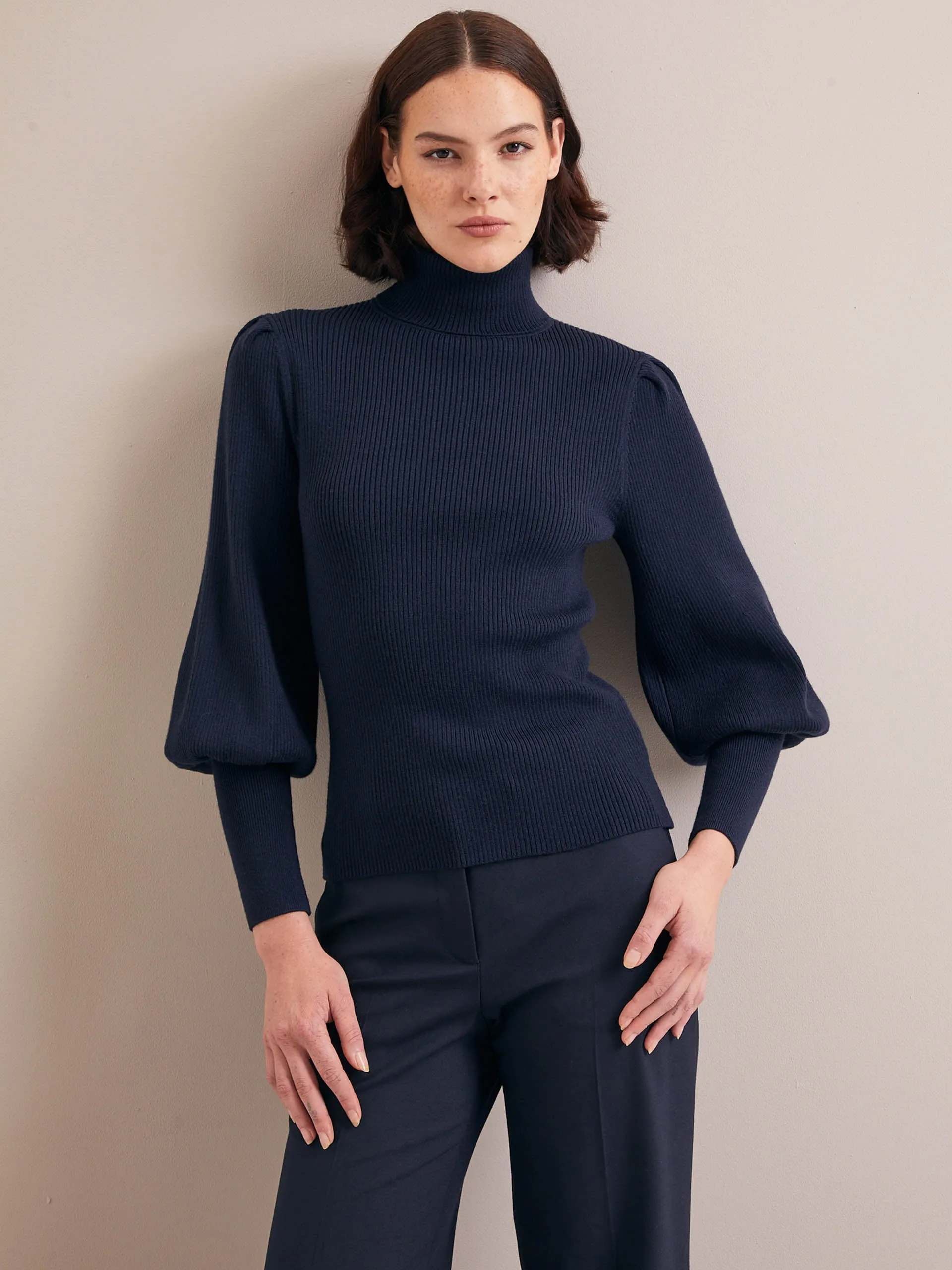 Navy Eva wool roll neck jumper