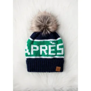 Navy, Green & White Apres Knit Hat with Faux Fur Pom
