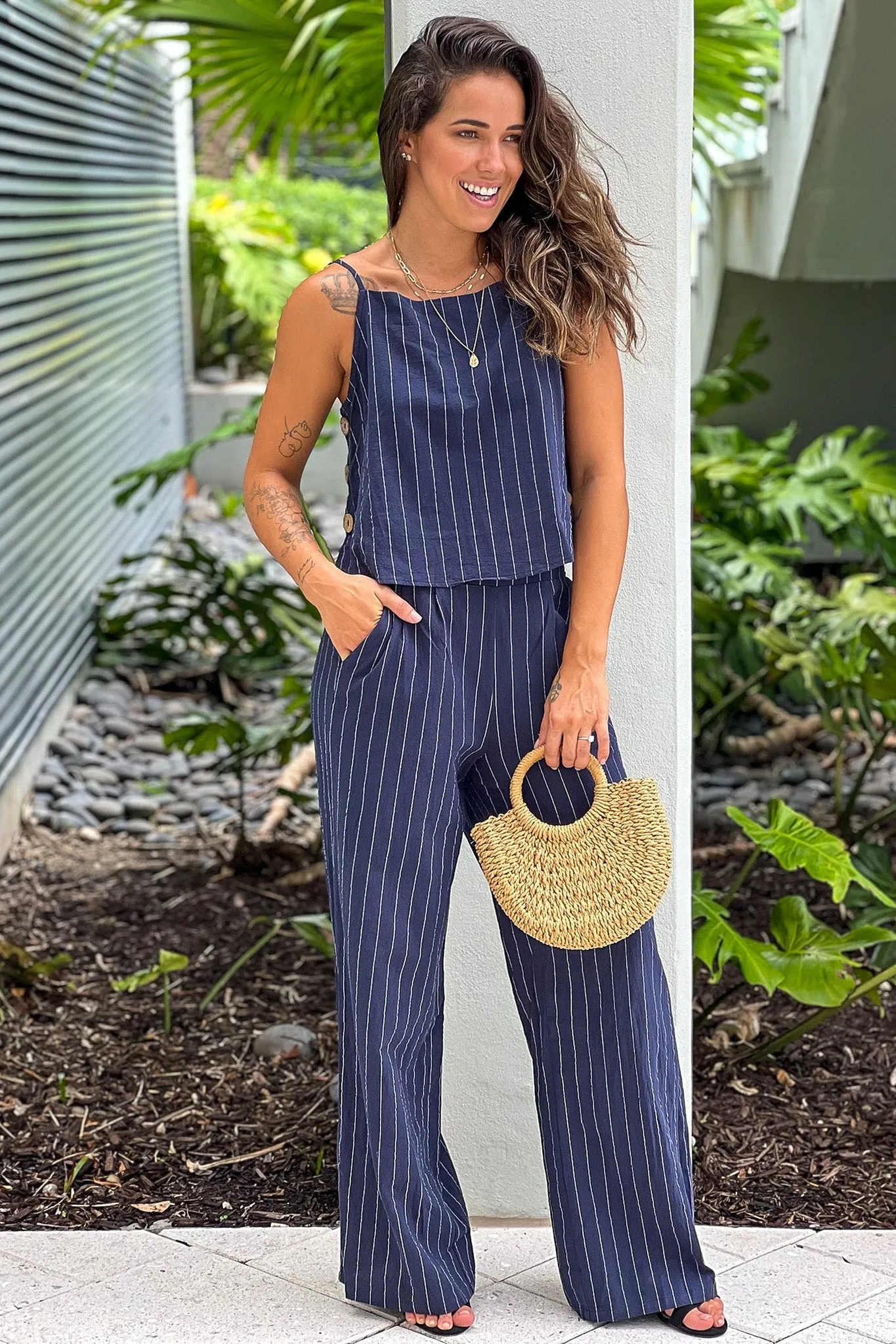 Navy Striped Top And Pants Set