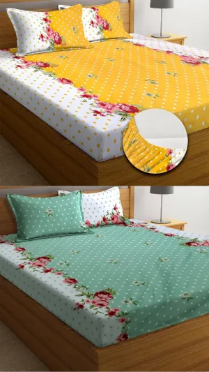 Neekshaa Combo Pack of 2 Super Soft Elastic Fitted Glace Cotton Double Bedsheets with 4 Pillow Covers Size-72x72 8 inches, Multicolor (Model no.-22)