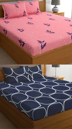 Neekshaa Combo Pack of 2 Super Soft Elastic Fitted Glace Cotton Double Bedsheets with 4 Pillow Covers Size-72x72 8 inches, Multicolor (Model no.-76)