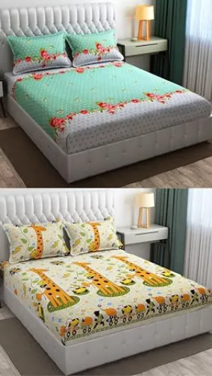 Neekshaa Combo Pack of 2 Super Soft Elastic Fitted Glace Cotton Double Bedsheets with 4 Pillow Covers_Size-72 x 78   8 Inches, Multicolor (Model no.-11)