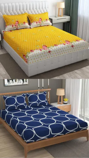 Neekshaa Combo Pack of 2 Super Soft Elastic Fitted Glace Cotton Double Bedsheets with 4 Pillow Covers_Size-72 x 78   8 Inches, Multicolor (Model no.-25)