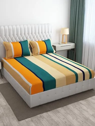 Neekshaa Combo Pack of 2 Super Soft Elastic Fitted Glace Cotton Double Bedsheets with 4 Pillow Covers_Size-72 x 78   8 Inches, Multicolor (Model no.-39)