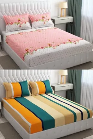 Neekshaa Combo Pack of 2 Super Soft Elastic Fitted Glace Cotton Double Bedsheets with 4 Pillow Covers_Size-72 x 78   8 Inches, Multicolor (Model no.-39)