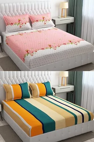 Neekshaa Combo Pack of 2 Super Soft Elastic Fitted Glace Cotton Double Bedsheets with 4 Pillow Covers_Size-72 x 78   8 Inches, Multicolor (Model no.-39)