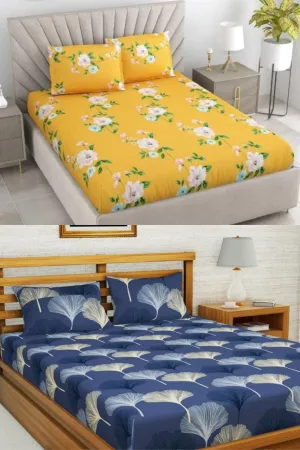 Neekshaa Combo Pack of 2 Super Soft Elastic Fitted Glace Cotton Double Bedsheets with 4 Pillow Covers_Size-72 x 78   8 Inches, Multicolor (Model no.-50)