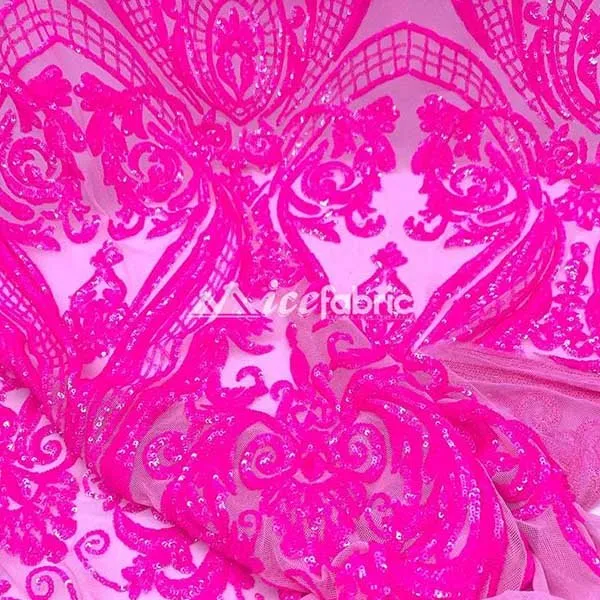Neon Pink Geometric Sequin Fabric _ Embroidered 4 Way Stretch Mesh