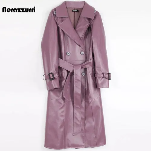 Nerazzurri Purple/Black Long Leather Trench Coat