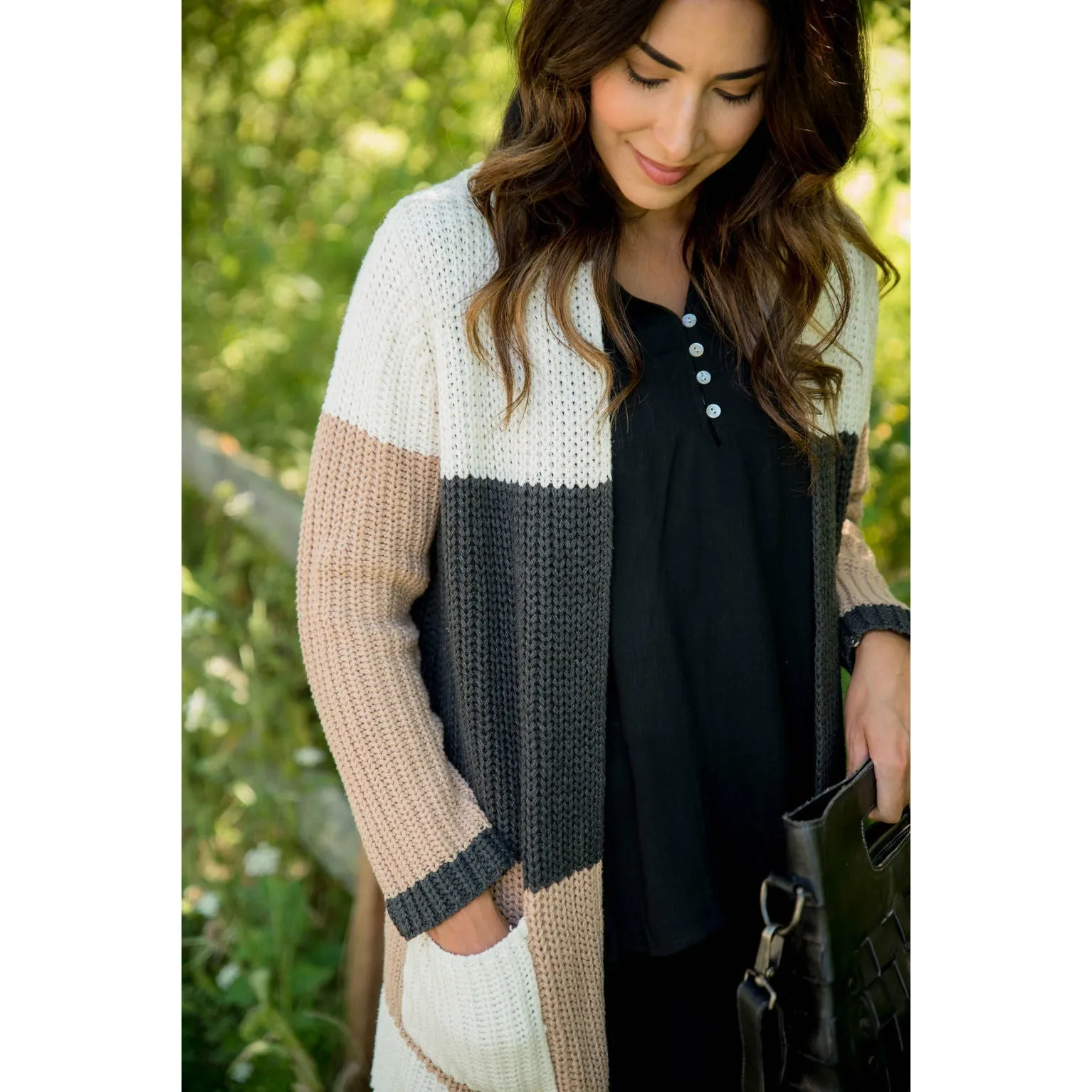 Neutral Color Blocked Knit Cardigan