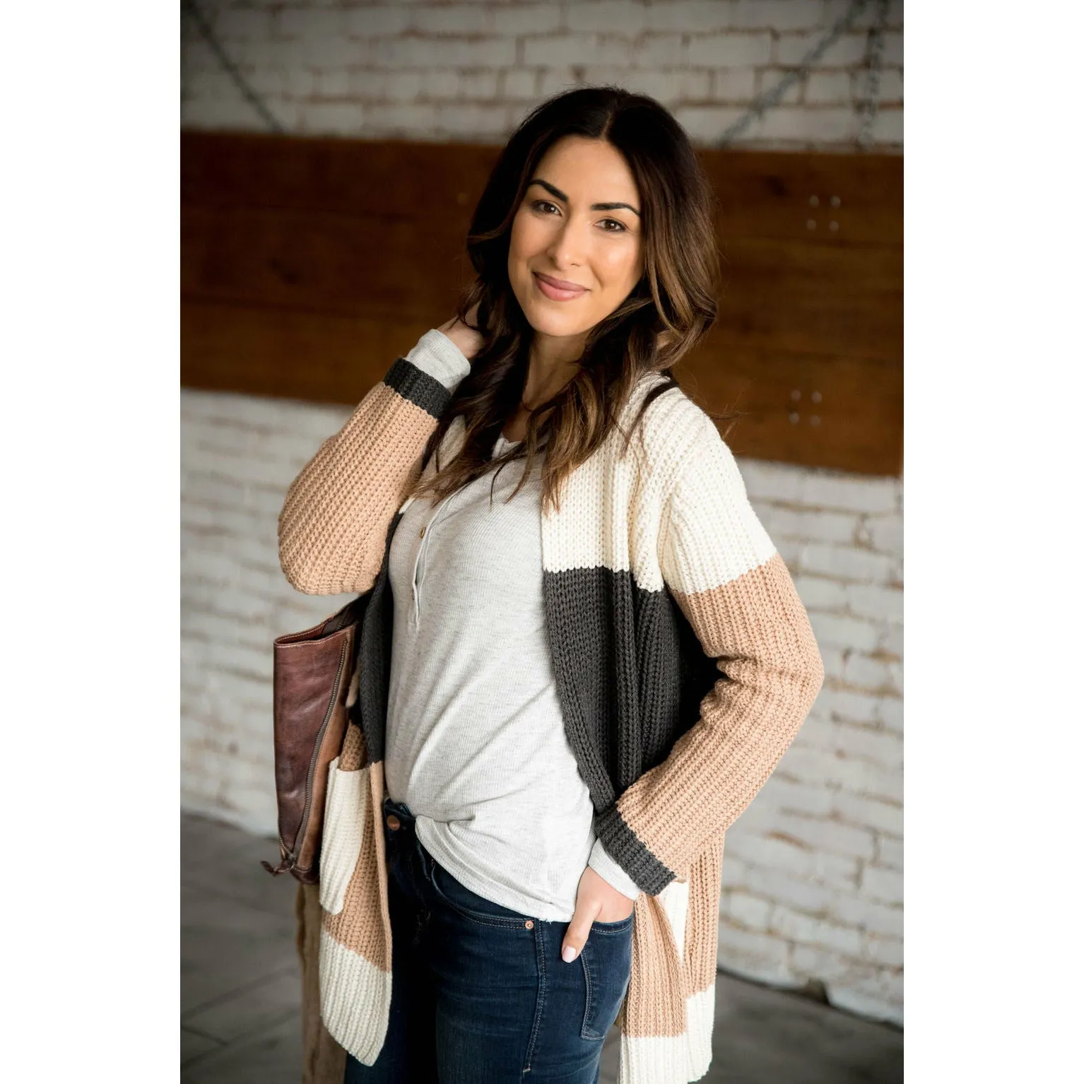 Neutral Color Blocked Knit Cardigan