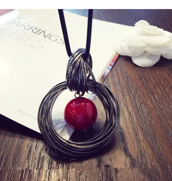New circles simulated pearl ball pendant long necklace women black chain fashion jewelry gift