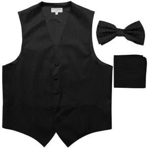New Men's Formal Vest Tuxedo Waistcoat_bowtie & hankie set stripes black