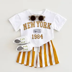 'NEW YORK' Casual Tee & Striped Shorts Set