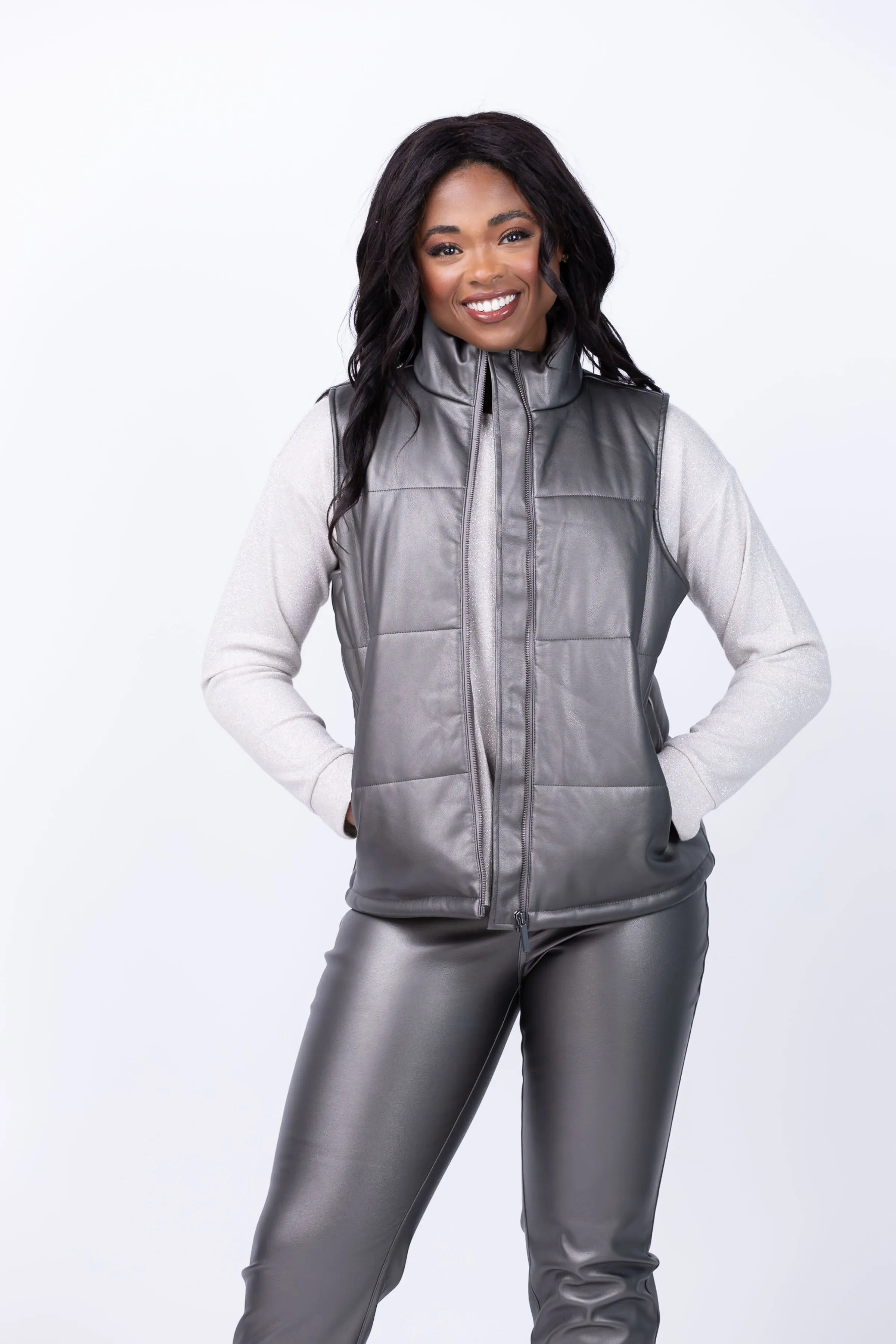 Nic   Zoe Metallic Faux Leather Puffer Vest in Bronze