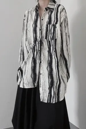 Niche Artistic Ink Smudge Shirt Loose Spring and Autumn Oblique Button-Up Top