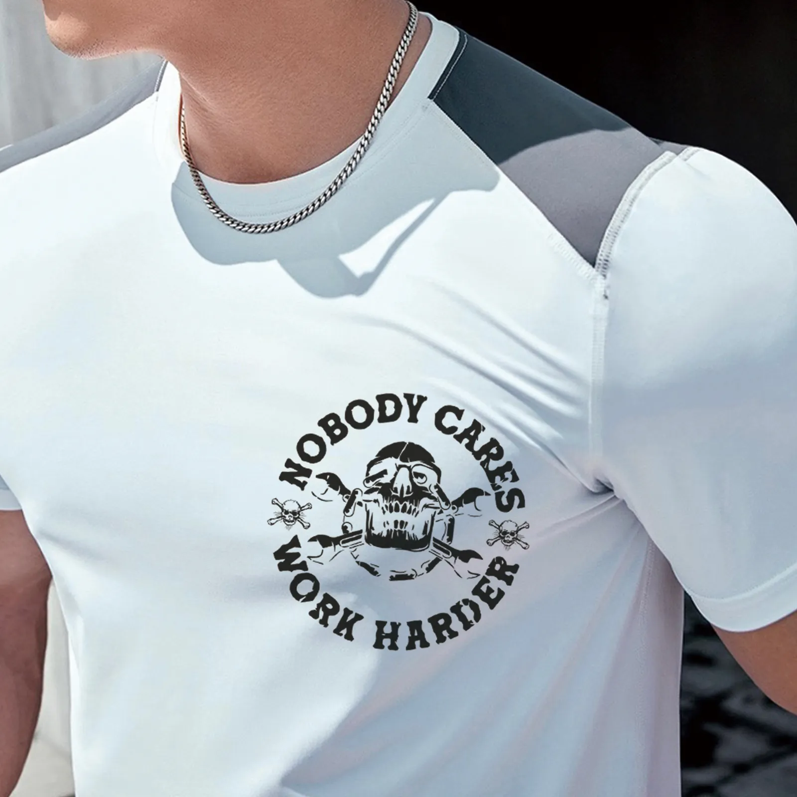 NOBODY CARES COLOR BLOCK ACTIVE DRY-FIT MOISTURE WICKING GRAPHIC TEE