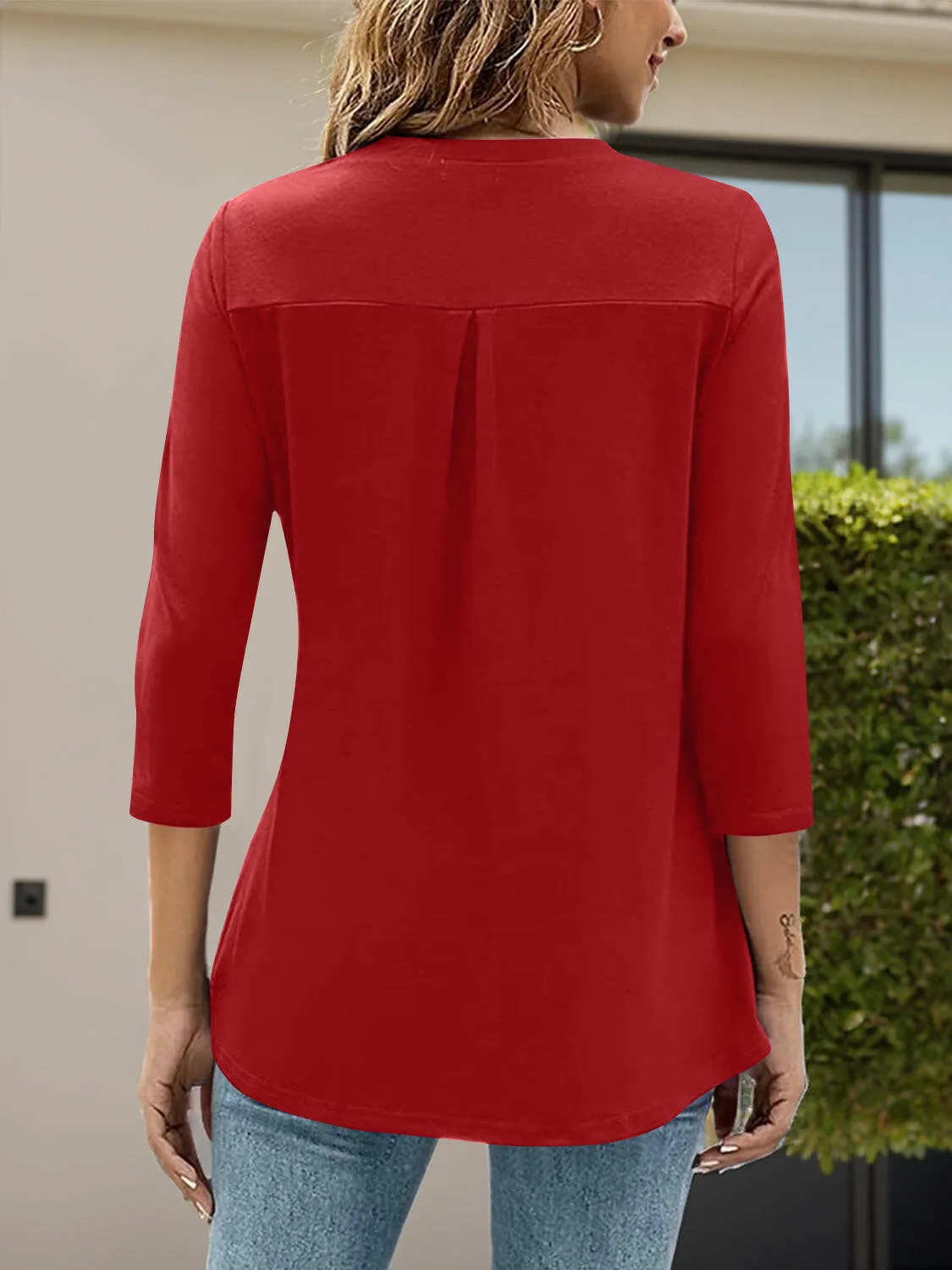 Notched Three-Quarter Sleeve Blouse