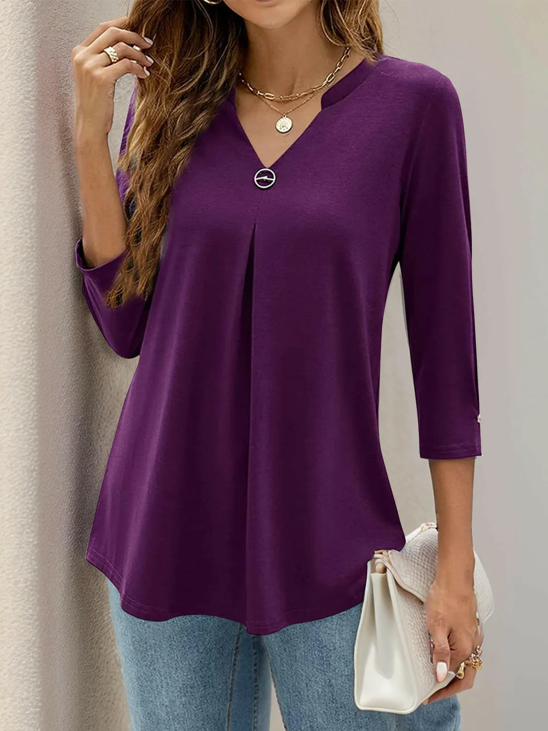 Notched Three-Quarter Sleeve Blouse