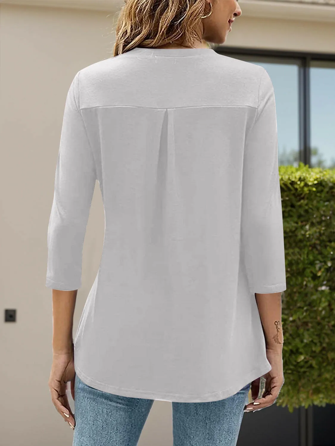 Notched Three-Quarter Sleeve Blouse