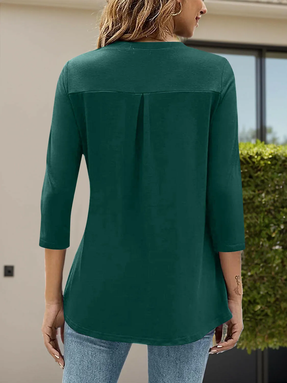 Notched Three-Quarter Sleeve Blouse