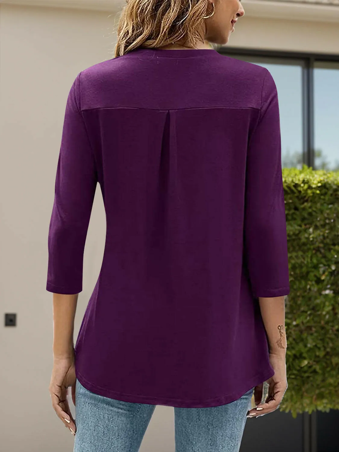 Notched Three-Quarter Sleeve Blouse