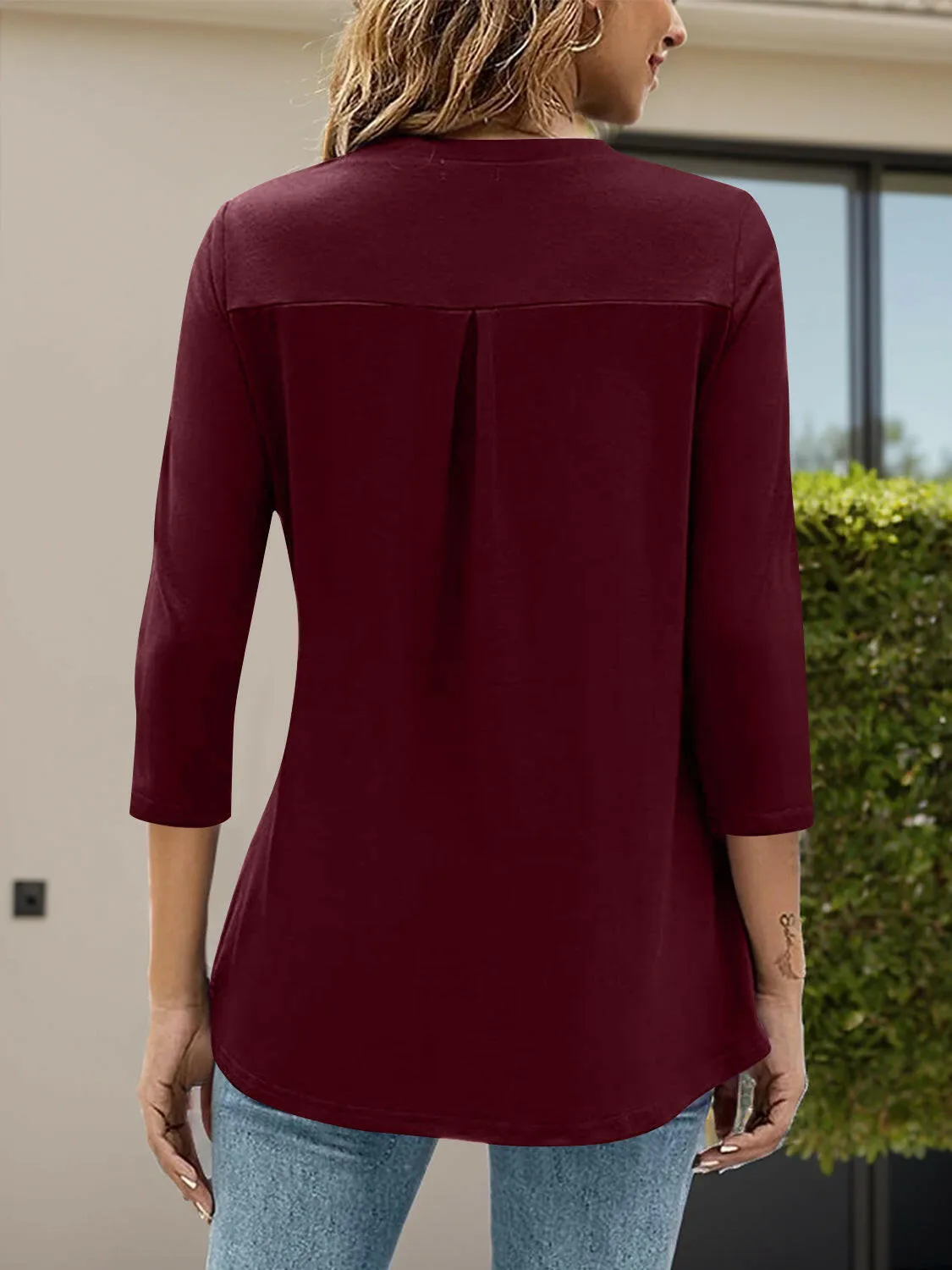 Notched Three-Quarter Sleeve Blouse
