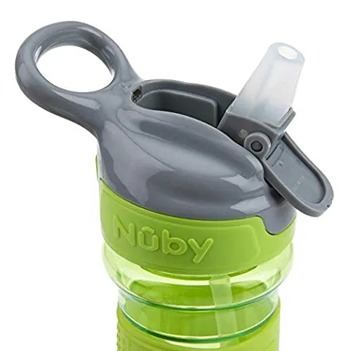 Nuby Thirsty Kids Push Button Flip-it Soft Spout on The Go Water Bottle, Green Cactus and Blue Shark, 12 Oz, 2 Pack