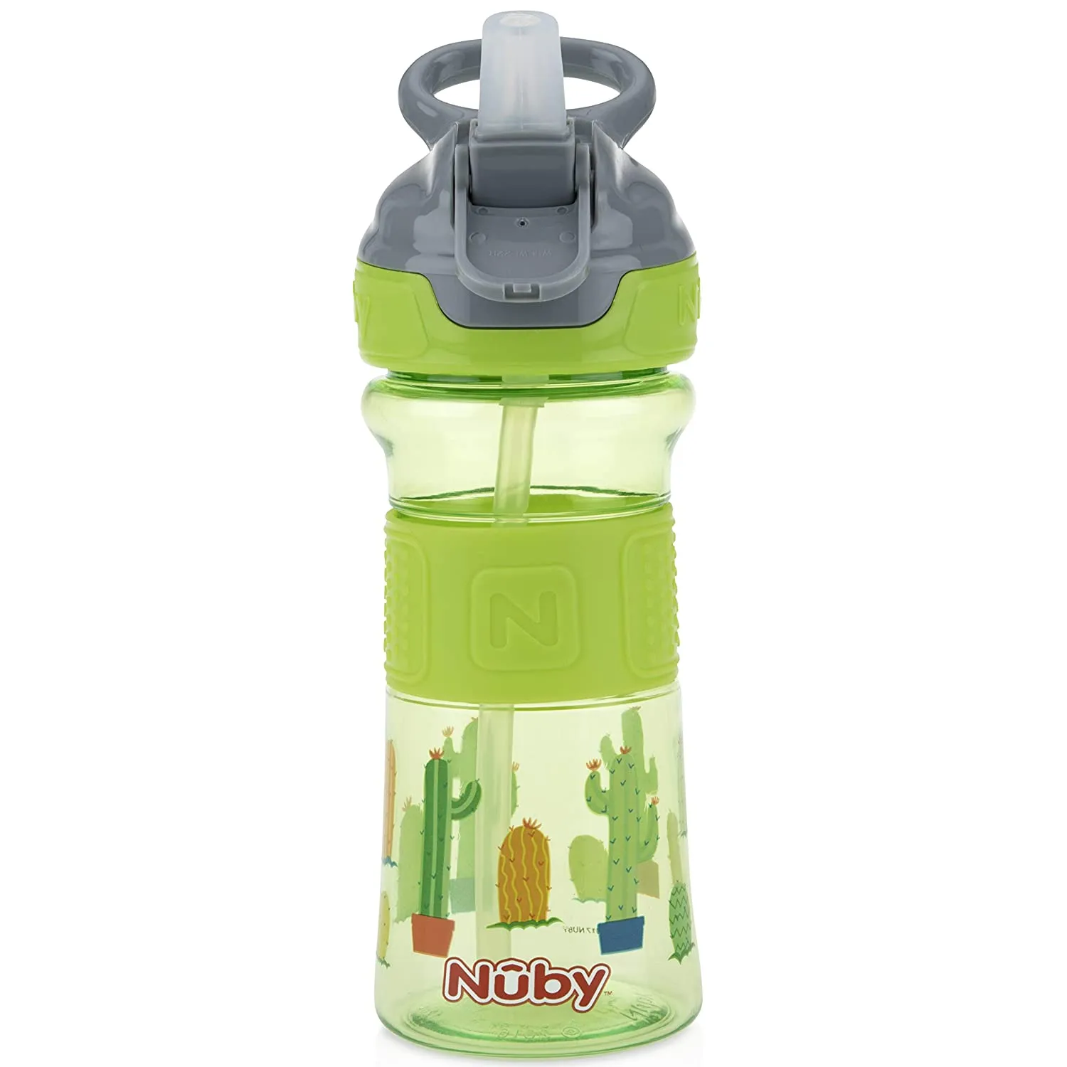 Nuby Thirsty Kids Push Button Flip-it Soft Spout on The Go Water Bottle, Green Cactus and Blue Shark, 12 Oz, 2 Pack